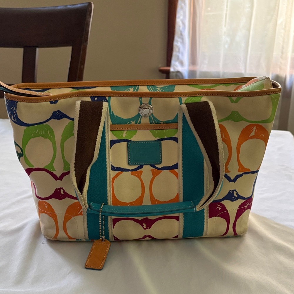 Coach Multicolor Signature Canvas Tote with Turquoise Trim